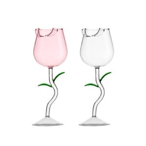 LIBOOI Glass Wine Glasses, Rose Flower Shaped Goblet Wine Cocktail Martini Glass, Transparent Red Wine Glass, for Party Candlelight Dinner Wedding Bar (Pink, 280ml)