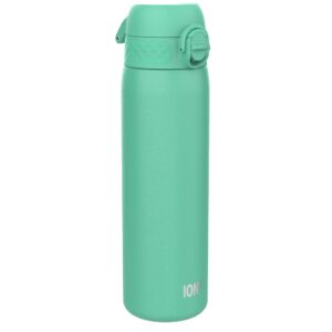 ion8 steel water bottle, 600 ml/20 oz, leak proof, easy to open, secure lock, dishwasher safe, flip cover, fits cup holders, carry handle, durable, scratch resistant, carbon neutral, teal green