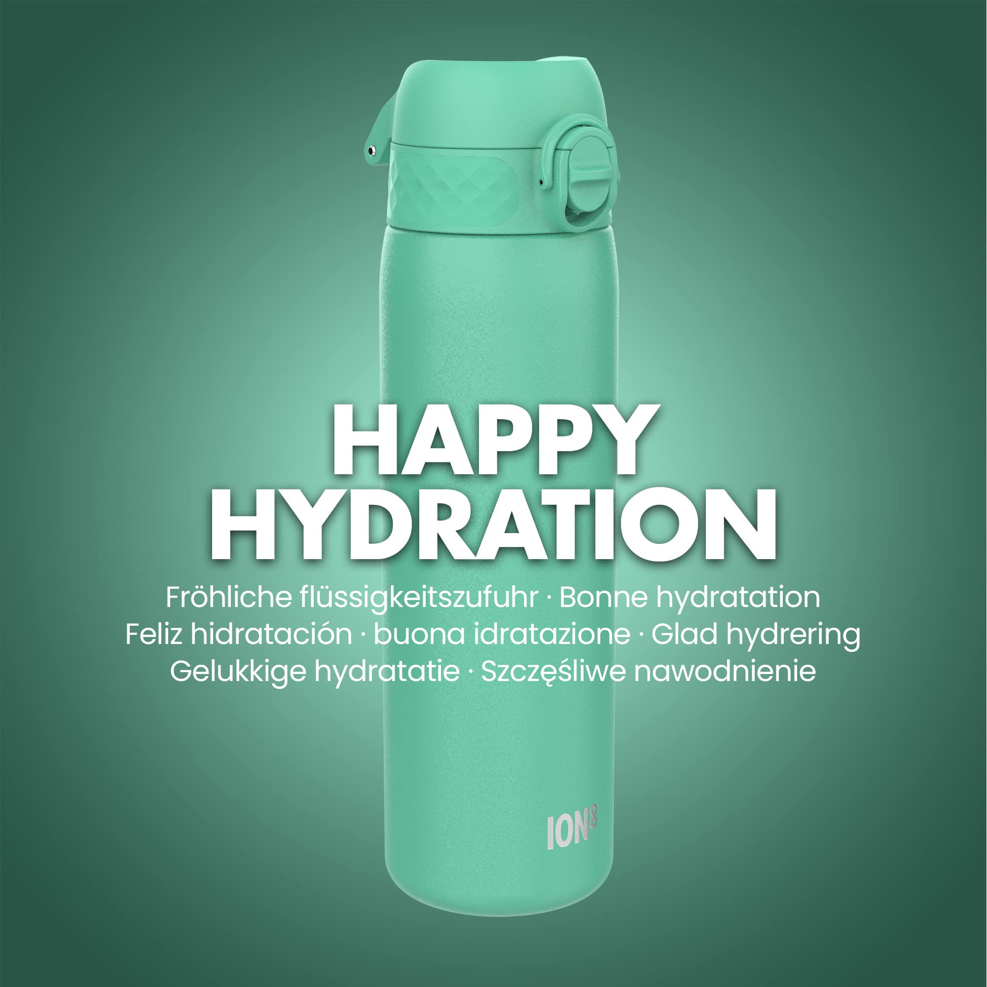 ION8 Steel Water Bottle, 600 ml/20 oz, Leak Proof, Easy to Open, Secure Lock, Dishwasher Safe, Flip Cover, Fits Cup Holders, Carry Handle, Durable, Scratch Resistant, Carbon Neutral, Teal Green