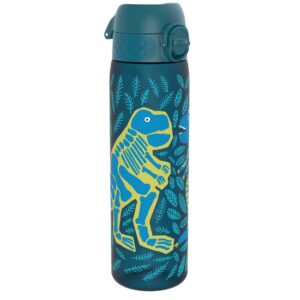 ion8 water bottle, 500 ml/18 oz, leak proof, easy to open, secure lock, dishwasher safe, bpa free, hygienic flip cover, carry handle, easy clean, odor free, carbon neutral, deep teal, dinosaurs design