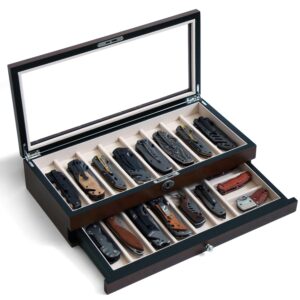 bonaking knife display case two-tier pocket knife case box storage for 15-17 pocket knives pocket knife collection case organizer for men gift with walnut finish and glass window