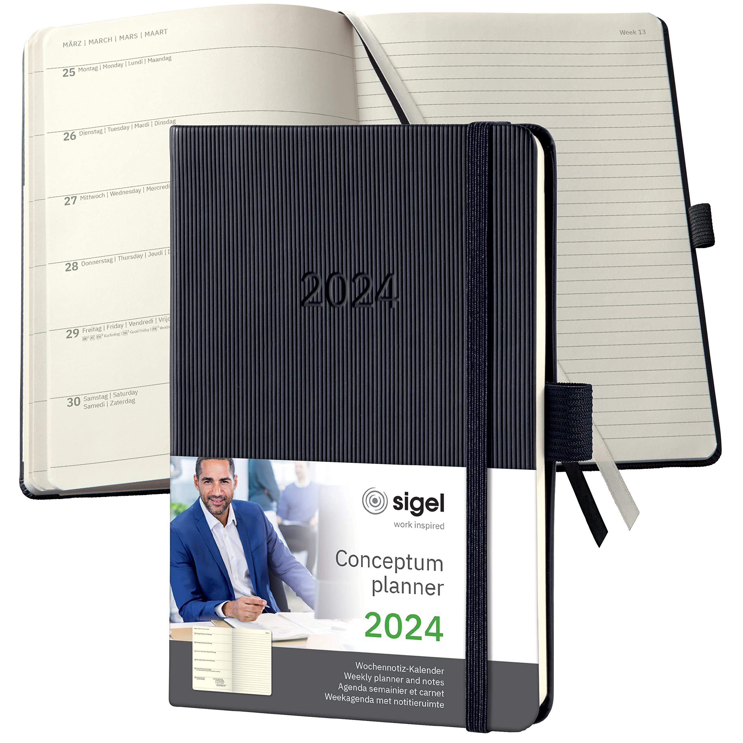 SIGEL C2415 Conceptum Weekly planner and notes 2024, approx. A6, black, hardcover, 2 pages = week on left/notes on right, 176 pages