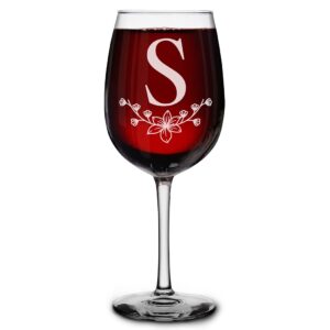 floral monogram initial engraved stemmed wine glass 16 oz. personalized custom drinks gift for her, him (s)