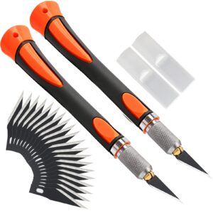 foshio 2 pack precision craft knife set with 20 pieces replacement blades, ergonomic non-slip handle hobby knife with protective cover for art, craft scrapbooking, stencil (orange)