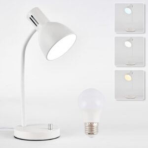 chaotack metal small white desk lamp,adjustable goose neck desk lamps for home office study room desks bedroom bedside table lamp with free 7w led bulb,eye-caring reading lamps