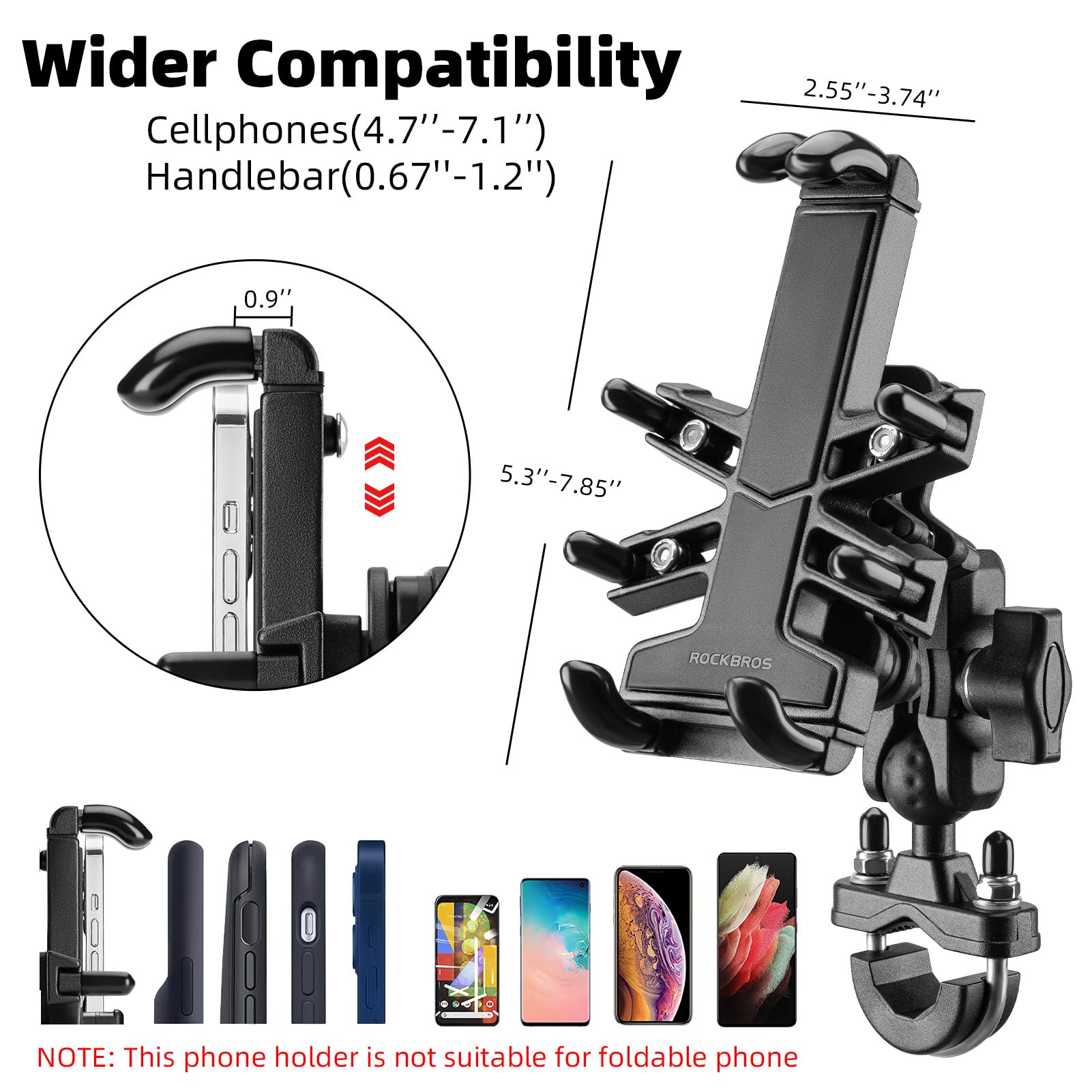 ROCKBROS Motorcycle Phone Mount Aluminum Alloy Bike Phone Mount Holder with Vibration Dampener, Cell Phone Holder for Motorcycle, Bicycle Scooter Universal Handlebar Mount Fits 4.7-7.1'' Phones