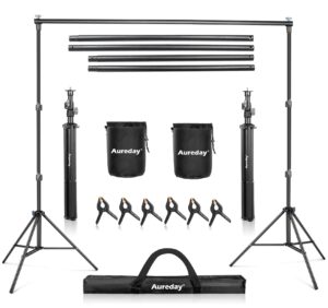 aureday backdrop stand, 8.5x10ft adjustable photo backdrop stand kit with 4 crossbars, 6 background clamps, 2 sandbags, and carrying bag for parties/wedding/photography/festival decoration