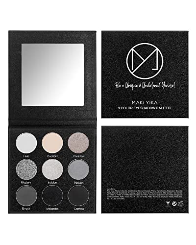 MAKI YIKA Black Grey Smoky Eyeshadow Palette, Matte Black White Gray Silver High Pigmented Smokey Eye Shadow, 9 Colors Long Lasting Shimmer Powder Makeup Palette For Goth Look (Black)