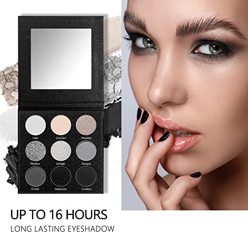 MAKI YIKA Black Grey Smoky Eyeshadow Palette, Matte Black White Gray Silver High Pigmented Smokey Eye Shadow, 9 Colors Long Lasting Shimmer Powder Makeup Palette For Goth Look (Black)