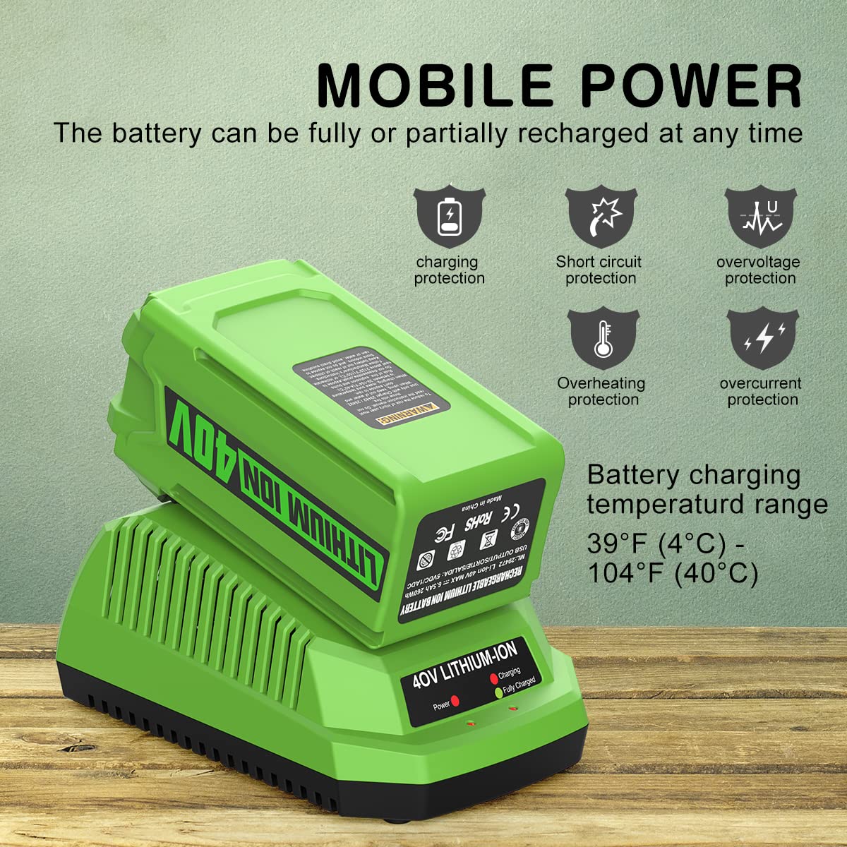 Powilling 6.5Ah 40V 29472 29462 Battery Replacement for Greenworks 40V Battery and Charger 29482 Compatible with Greenworks 40V G-MAX Power Tools 29252 20202 22262 Smart USB 40V Greenworks Battery