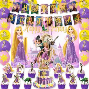 rapunzel birthday party decoration supplies includes backdrop banner, balloons, cake toppers for girl party favor