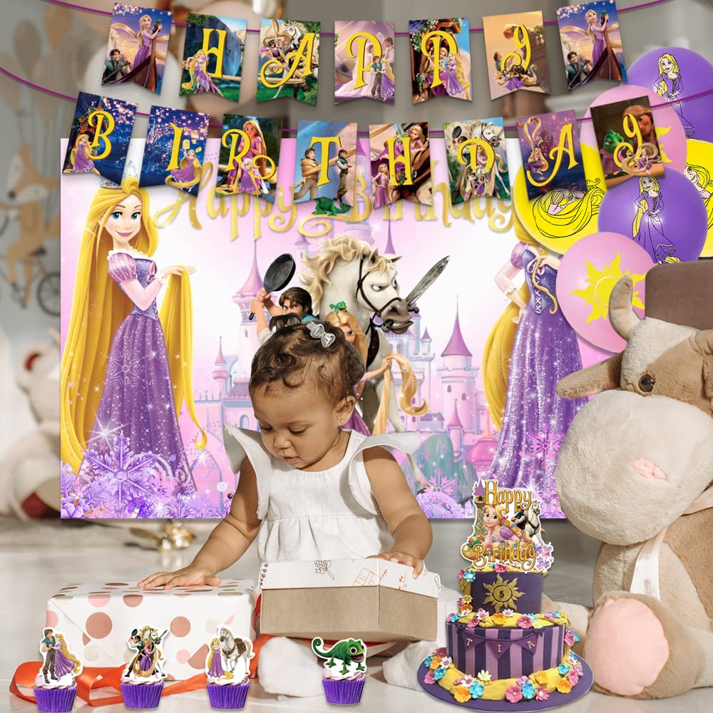 Rapunzel Birthday Party Decoration Supplies Includes Backdrop Banner, Balloons, Cake Toppers for Girl Party Favor