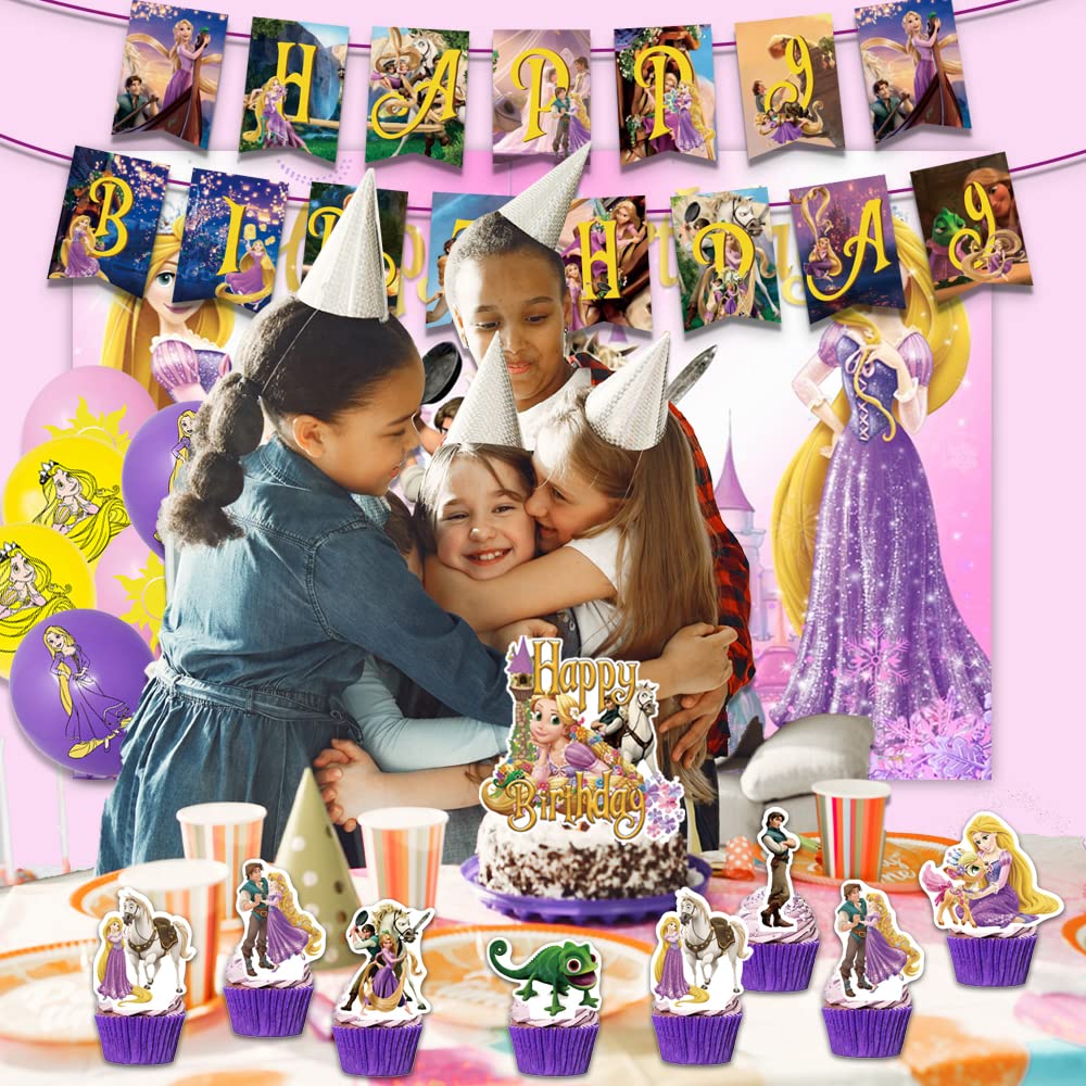 Rapunzel Birthday Party Decoration Supplies Includes Backdrop Banner, Balloons, Cake Toppers for Girl Party Favor