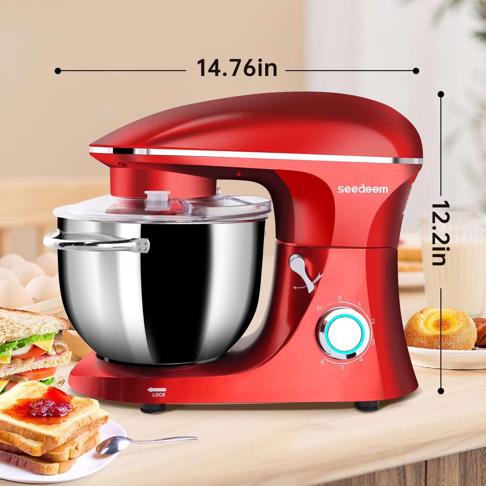 Seedeem Stand Mixer, 6Qt Electric Food Mixer, 660W 6-Speeds Tilt-Head Dough Mixers with Dishwasher-Safe Dough Hook, Wire Whip & Beater for Daily Use, Red