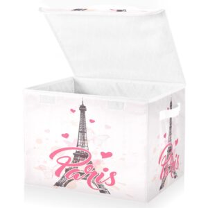 suabo paris eiffel tower storage bin with lid, pink large oxford cloth butterfly love storage boxes foldable home cube baskets closet organizers for nursery bedroom office