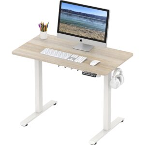 shw small electric height adjustable sit stand desk with hanging hooks and cable management, 40 x 22 inches, white frame and maple top