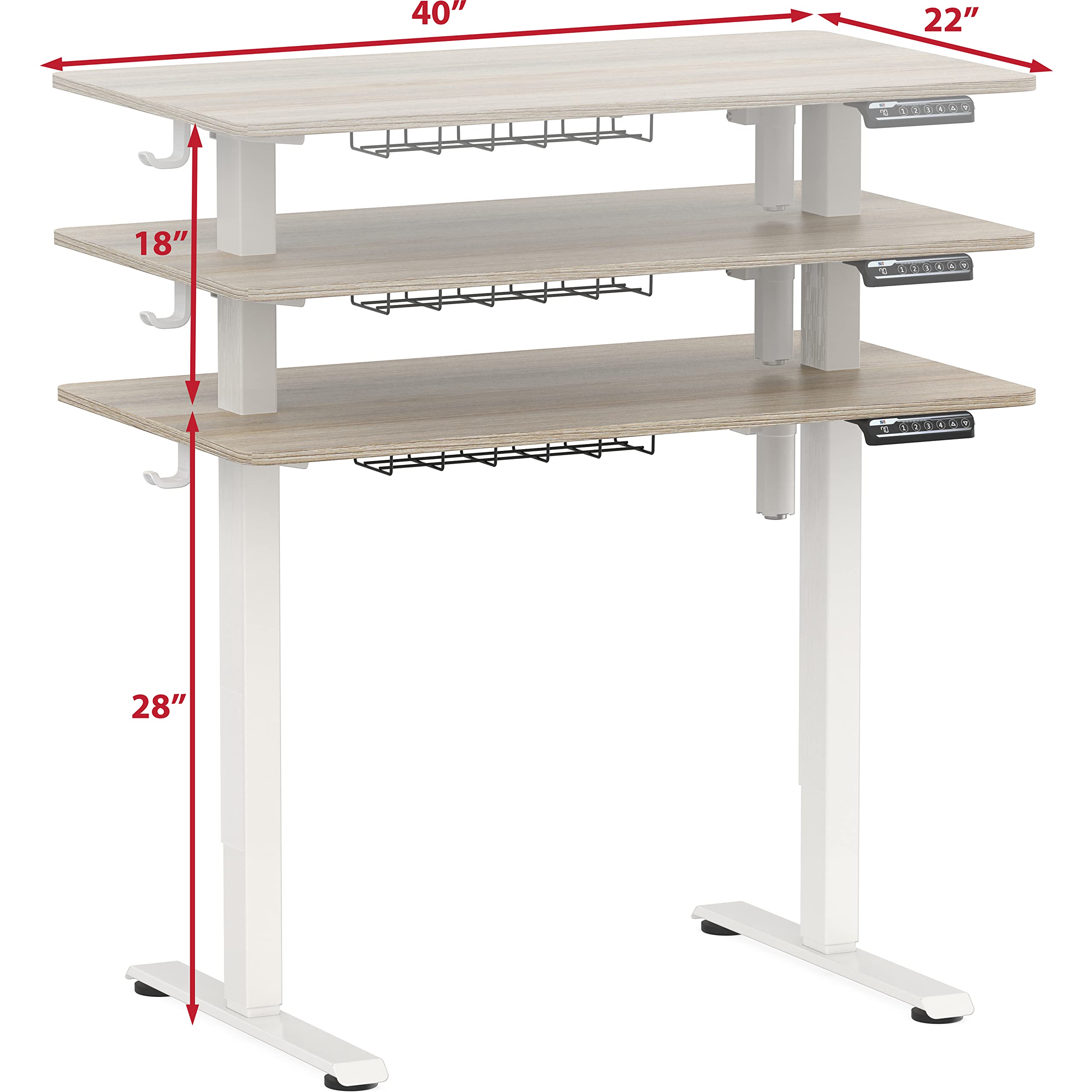 SHW Small Electric Height Adjustable Sit Stand Desk with Hanging Hooks and Cable Management, 40 x 22 Inches, White Frame and Maple Top