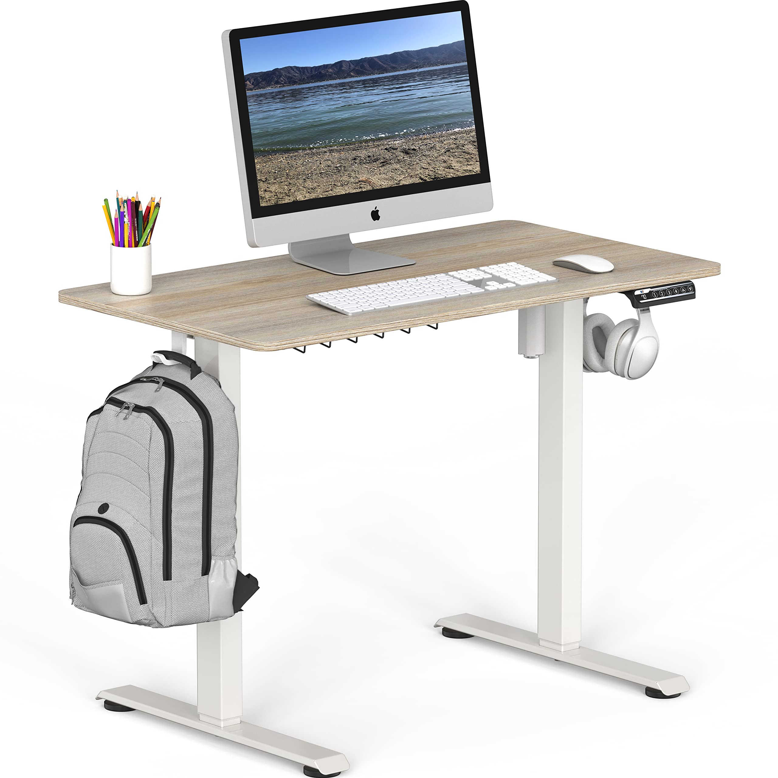 SHW Small Electric Height Adjustable Sit Stand Desk with Hanging Hooks and Cable Management, 40 x 22 Inches, White Frame and Maple Top