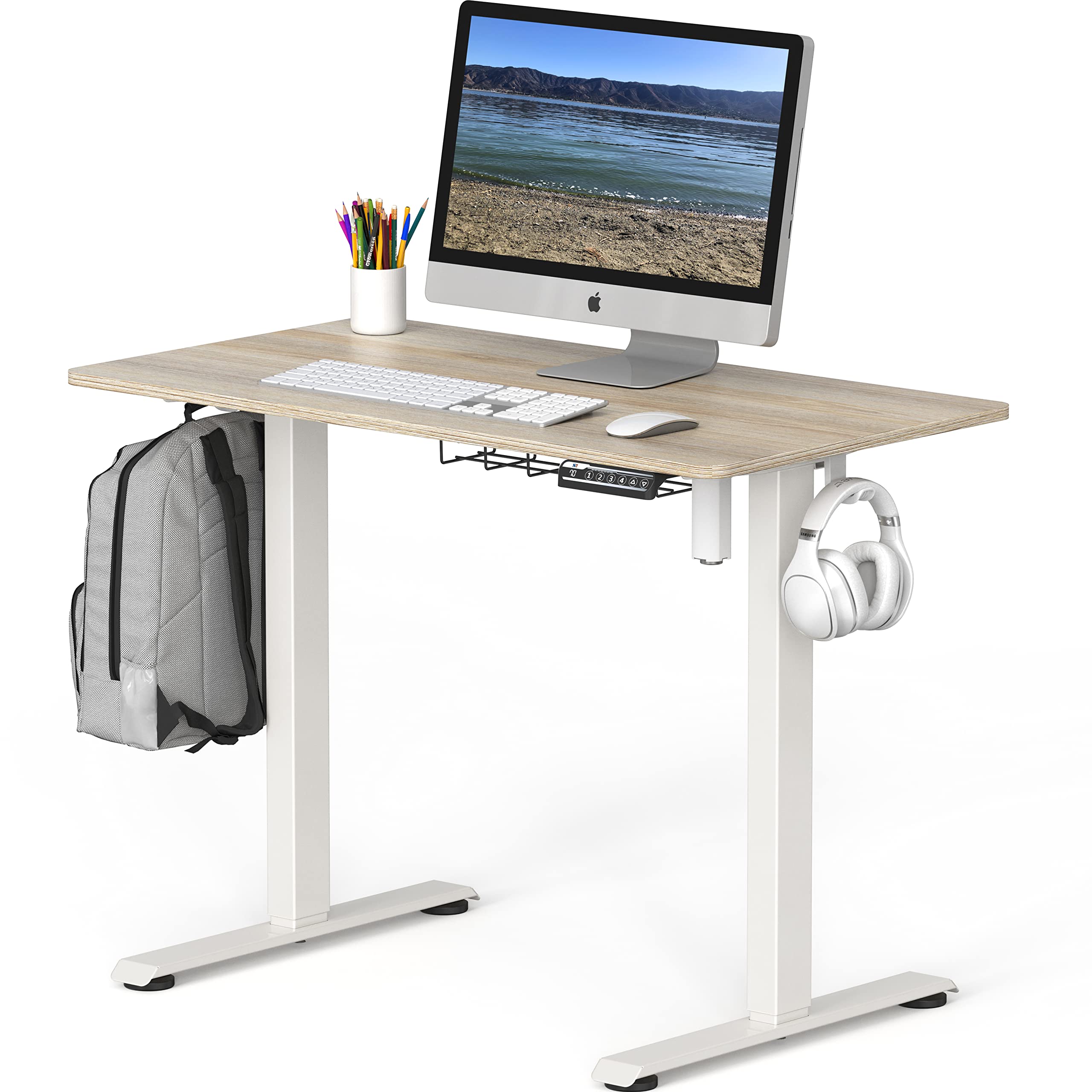 SHW Small Electric Height Adjustable Sit Stand Desk with Hanging Hooks and Cable Management, 40 x 22 Inches, White Frame and Maple Top