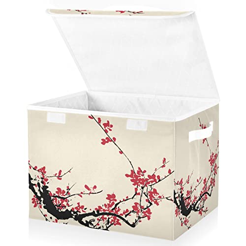 RunningBear Plum Blossom Large Storage Bins with Lid Collapsible Storage Bin Storage Basket Clothes Toys Bin for Shelves Closet Bookshelf