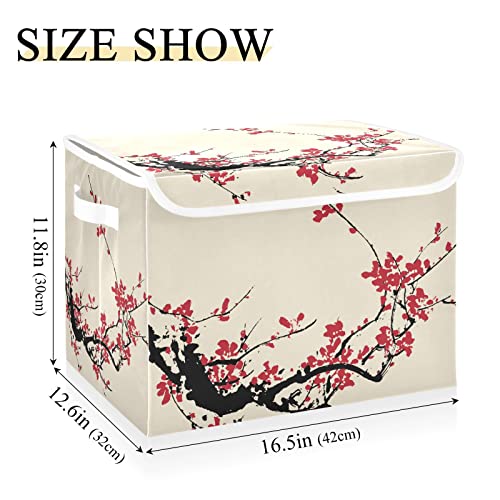 RunningBear Plum Blossom Large Storage Bins with Lid Collapsible Storage Bin Storage Basket Clothes Toys Bin for Shelves Closet Bookshelf