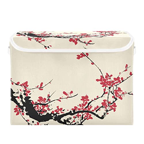 RunningBear Plum Blossom Large Storage Bins with Lid Collapsible Storage Bin Storage Basket Clothes Toys Bin for Shelves Closet Bookshelf