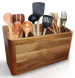 dstuff large kitchen utensil holder organizer for counter or countertop, large wooden utensil holder for storage cooking and silverware with 3 compartment, acacia rustic wood container extra large