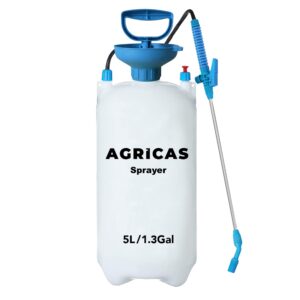 agricas 1.3 gallon lawn & garden sprayer with pump and wand, 5l pressure weed sprayer with adjustable nozzles and shoulder strap, yard pump sprayer, large easy fill opening and safety valve