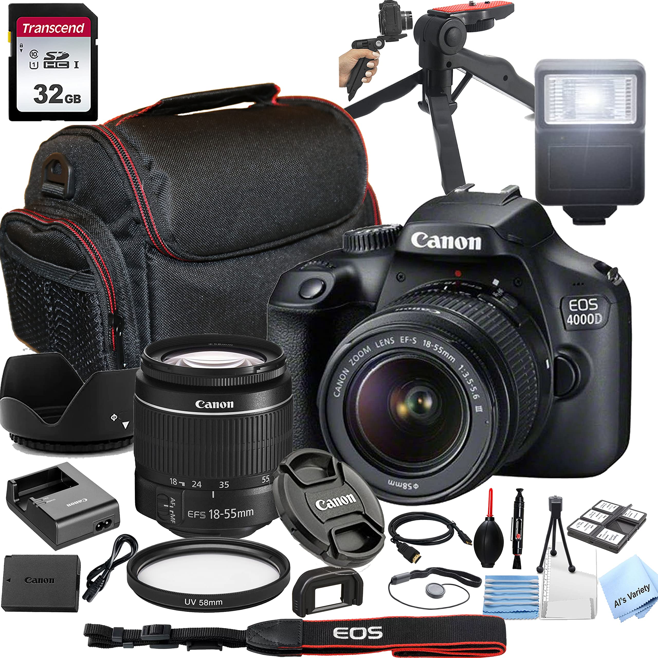 Canon EOS 4000D DSLR Camera with 18-55mm f/3.5-5.6 Zoom Lens,32GB Memory, Case,Tripod w/Hand Grip and More(28pc Bundle)