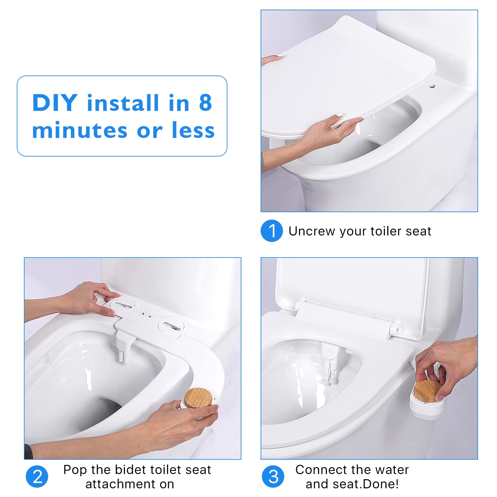 Bidet Toilet Seat Attachment - Self Cleaning Water Sprayer +Adjustable Pressure Nozzle, Easy Install (Classic, White/Bamboo)