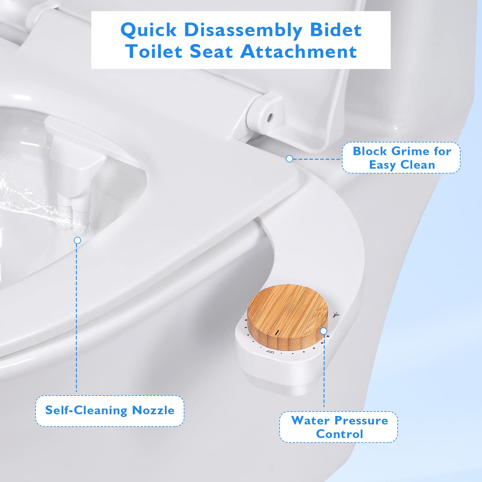 Bidet Toilet Seat Attachment - Self Cleaning Water Sprayer +Adjustable Pressure Nozzle, Easy Install (Classic, White/Bamboo)