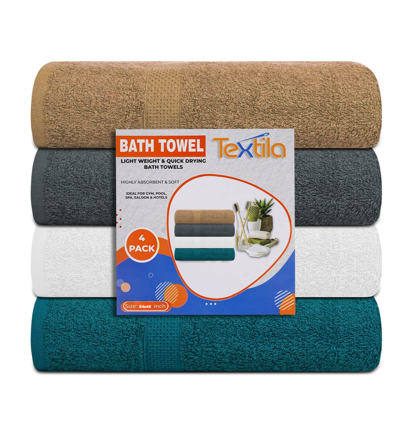 Textila Cotton Bath Towels - Medium Bath Towel 24x48 Inches - Pack of 4 - Multi Color - Soft and Absorbent Towels for Bathroom, Gym, Pool, Spa, Hotel, Home & Hair Wrap Use