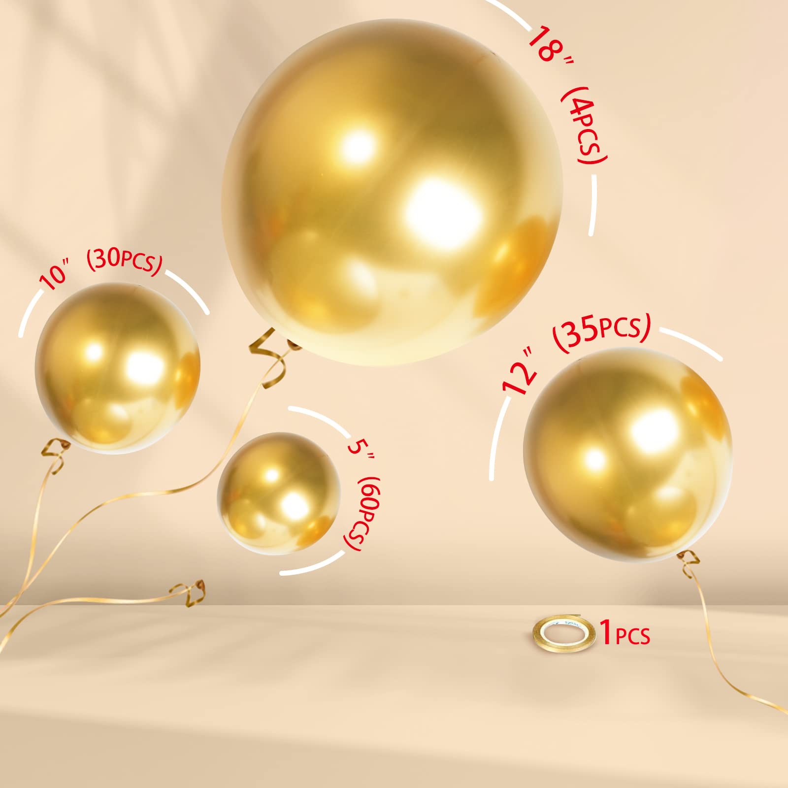 Styirl 130pcs Metallic Gold Balloons Garland Kit - Gold Latex Balloons Different Sizes 18 12 10 5 Inch Party Balloon Kit for Birthday Party Graduation Baby Shower Wedding Holiday Balloon Decoration