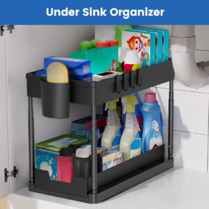 YUANZSMCX home Organization and storage, 2 Pack Adjustable Height with 2 Hanging Cup and 8 Hook 2 Tier under the sink counter storage for kitchen sliding cabinet basket organizer bathroom, Black