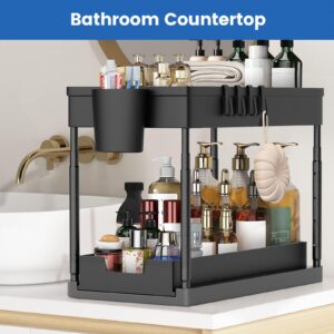 YUANZSMCX home Organization and storage, 2 Pack Adjustable Height with 2 Hanging Cup and 8 Hook 2 Tier under the sink counter storage for kitchen sliding cabinet basket organizer bathroom, Black