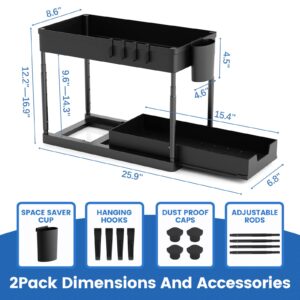 YUANZSMCX home Organization and storage, 2 Pack Adjustable Height with 2 Hanging Cup and 8 Hook 2 Tier under the sink counter storage for kitchen sliding cabinet basket organizer bathroom, Black