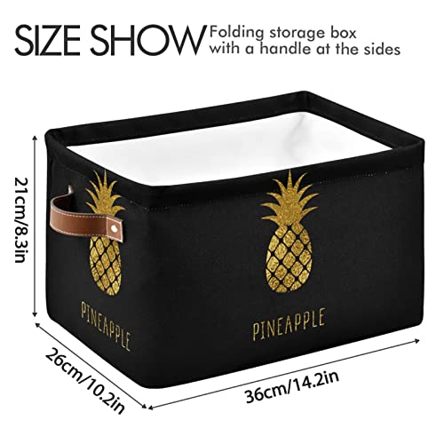 ALAZA Gold Pineapple Black Large Storage Baskets with Handles Foldable Decorative 2 Pack Storage Bins Boxes for Organizing Living Room Shelves Office Closet Clothes