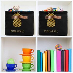 ALAZA Gold Pineapple Black Large Storage Baskets with Handles Foldable Decorative 2 Pack Storage Bins Boxes for Organizing Living Room Shelves Office Closet Clothes