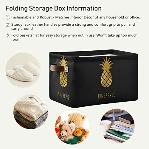 ALAZA Gold Pineapple Black Large Storage Baskets with Handles Foldable Decorative 2 Pack Storage Bins Boxes for Organizing Living Room Shelves Office Closet Clothes