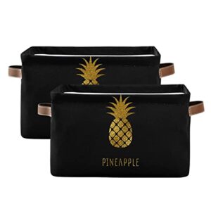 ALAZA Gold Pineapple Black Large Storage Baskets with Handles Foldable Decorative 2 Pack Storage Bins Boxes for Organizing Living Room Shelves Office Closet Clothes