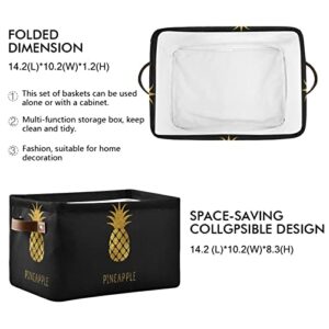 ALAZA Gold Pineapple Black Large Storage Baskets with Handles Foldable Decorative 2 Pack Storage Bins Boxes for Organizing Living Room Shelves Office Closet Clothes