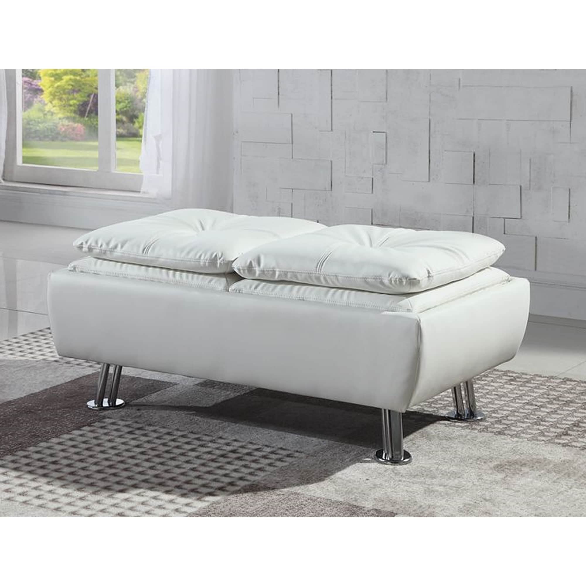 White Leatherette Upholstered Storage Ottoman Bench with Tray Table Silver Solid Modern Contemporary Transitional Rectangular Leather Wood Top