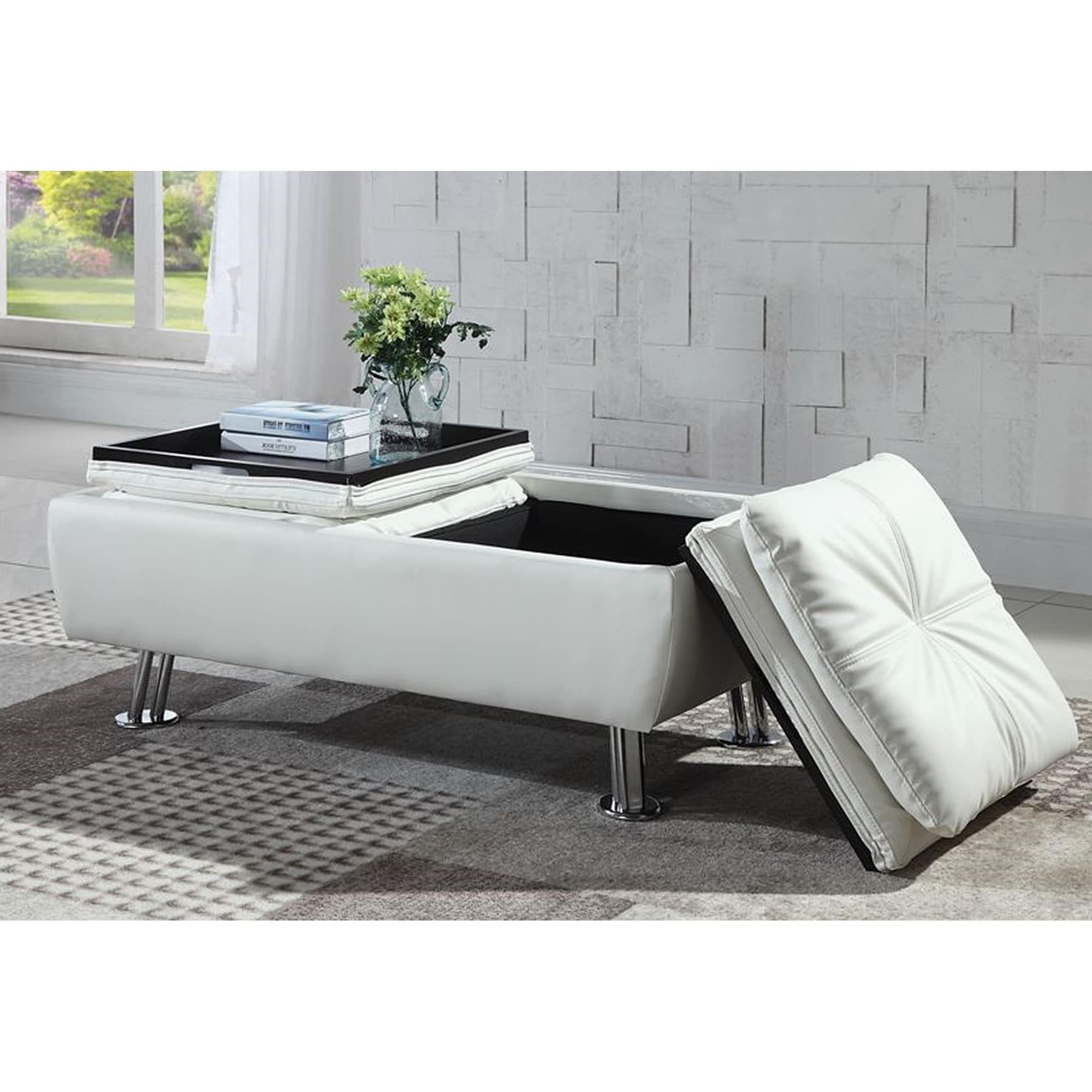 White Leatherette Upholstered Storage Ottoman Bench with Tray Table Silver Solid Modern Contemporary Transitional Rectangular Leather Wood Top