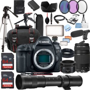 canon eos 5d mark iv dslr camera w/ef 50mm stm + 75-300mm + 420-800mm super telephoto lens + led always on light + 128gb memory, filters, case, tripod + more (34pc bundle kit)