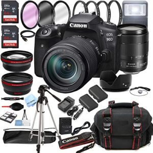 canon eos 90d dslr camera w/ef-s 18-135mm usm zoom lens + 128gb memory + case + tripod + filters (36pc bundle)