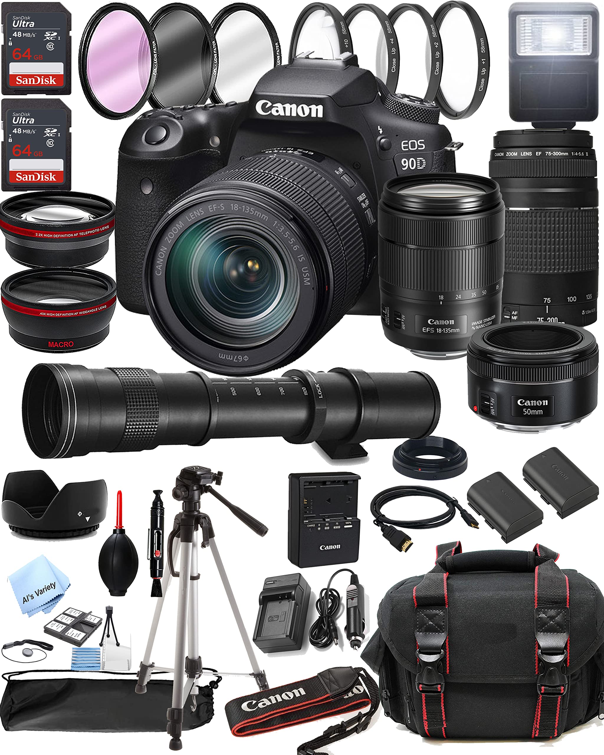 Canon EOS 90D DSLR Camera w/EF-S 18-135mm USM Zoom Lens + 75-300mm F/4-5.6 III Lens EF 50mm f/1.8 STM Lens + 420-800mm Super Telephoto Lens + 128GB Memory (42pc Extreme Bundle)