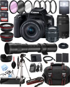 canon eos 250d (rebel sl3) dslr camera w/ef-s 18-55mm f/4-5.6 is stm zoom lens + 75-300mm f/4-5.6 iii lens + 420-800mm super telephoto lens + 128gb memory + case + tripod + filters (40pc bundle)