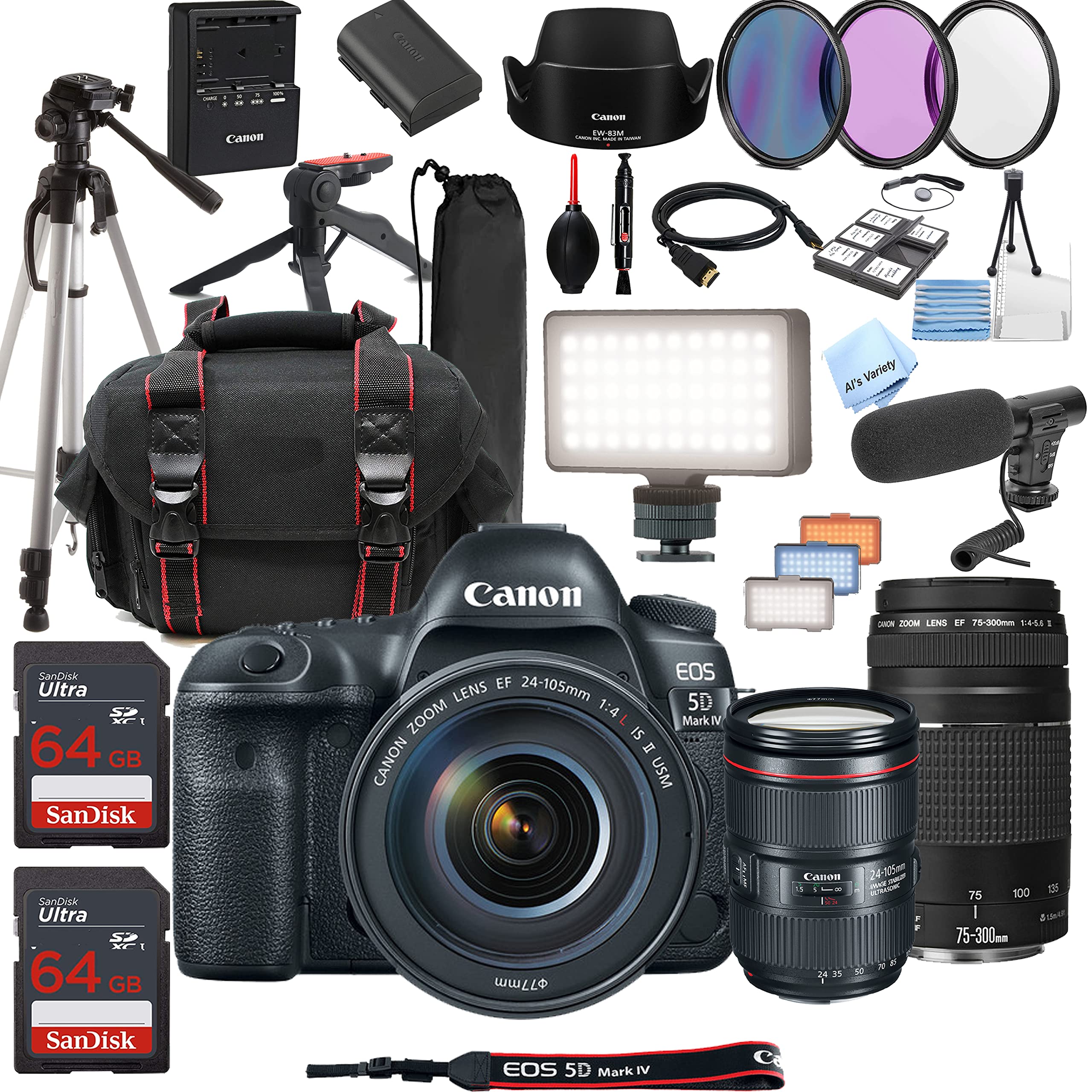 Canon EOS 5D Mark IV DSLR Camera w/EF 24-105MM F/4 L is II USM Zoom Lens + 75-300mm F/4-5.6 III Lens + LED Always on Light + 128GB Memory, Filters, Case, Tripod + More (32PC Bundle Kit)