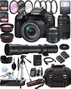 canon eos 90d dslr camera w/ef-s 18-55mm f/4-5.6 is stm zoom lens + 75-300mm f/4-5.6 iii lens + 420-800mm super telephoto lens + 128gb memory + case + tripod + filters (42pc bundle)