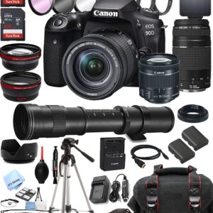 Canon EOS 90D DSLR Camera w/EF-S 18-55mm F/4-5.6 is STM Zoom Lens + 75-300mm F/4-5.6 III Lens + 420-800mm Super Telephoto Lens + 128GB Memory + Case + Tripod + Filters (42pc Bundle)